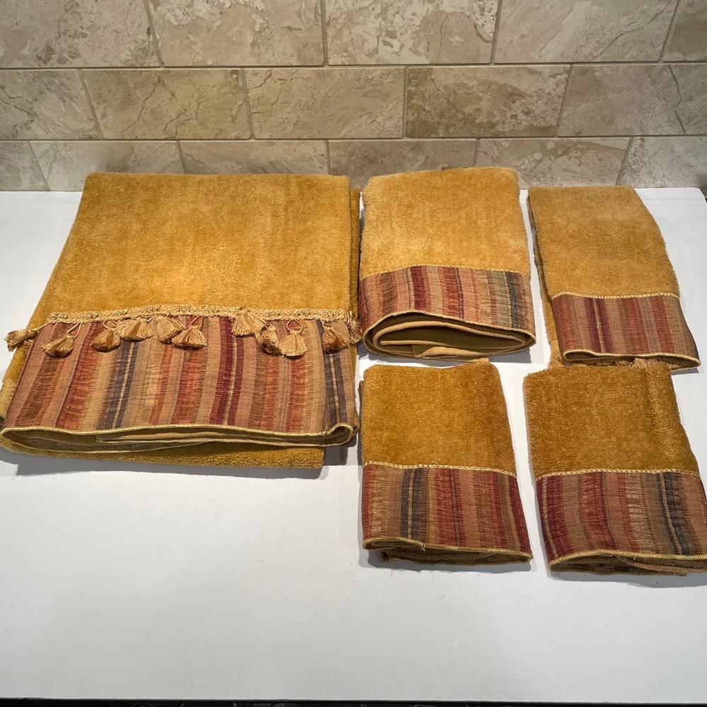 Avanti Linens 5 Piece Towel Set Brown Gold‎ Southwestern Striped Tassels Cotton